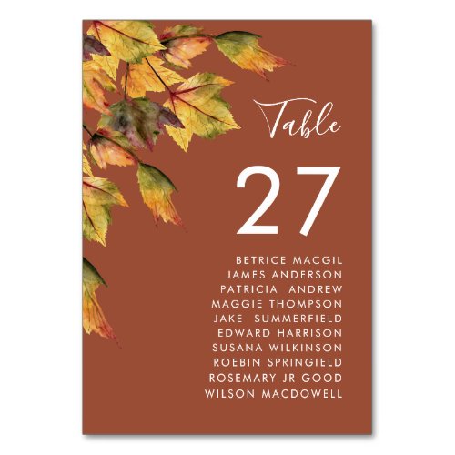 Rustic Brown Autumn Foliage Wedding Guest Name Table Number