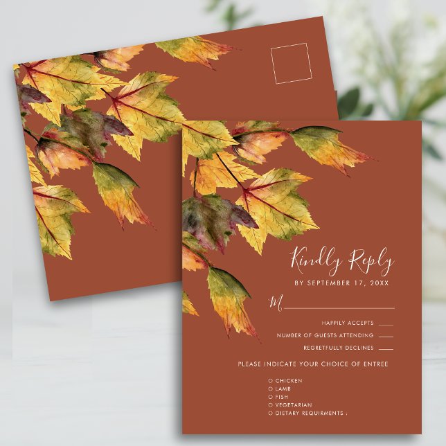 Rustic Brown Autumn Foliage Wedding RSVP  Invitation Postcard (Creator Uploaded)