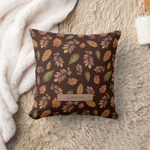 Rustic Brown Autumn Leaves Pattern Name Decorative Throw Pillow