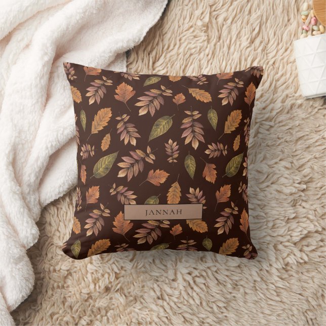 Rustic Brown Autumn Leaves Pattern Name Decorative Throw Pillow (Blanket)