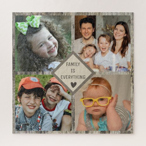 Rustic Brown Barn Wood 4 Family Photo Collage Jigsaw Puzzle
