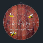 Rustic brown barn wood bee happy bumble bees dart board<br><div class="desc">Decorated with happy,  smiling yellow and black  bumble bees. A classic wooden rustic brown barn wall as background. White hand lettered script and the text: Bee Happy.  Personalize and add your family name.</div>