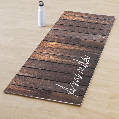 Rustic Brown Barn Wood Script Custom Name Yoga Mat