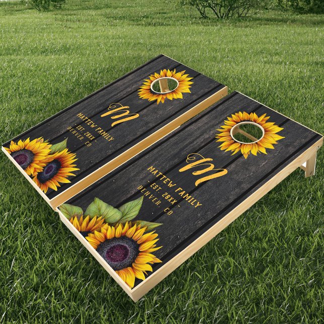 Rustic brown barn wood sunflowers monogrammed cornhole set (Creator Uploaded)