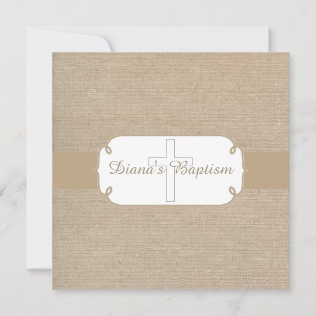 Rustic Brown & Beige Burlap Baptism Invitation (Front)