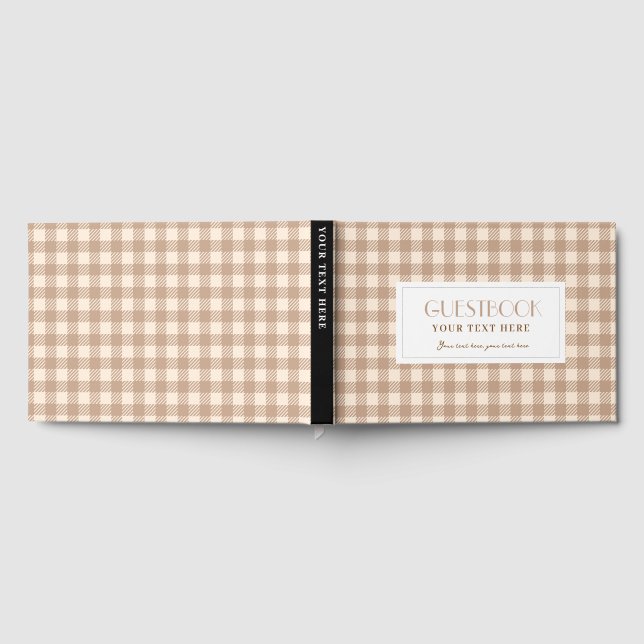 Rustic brown beige gingham plaid checked foil guest book  (Full)