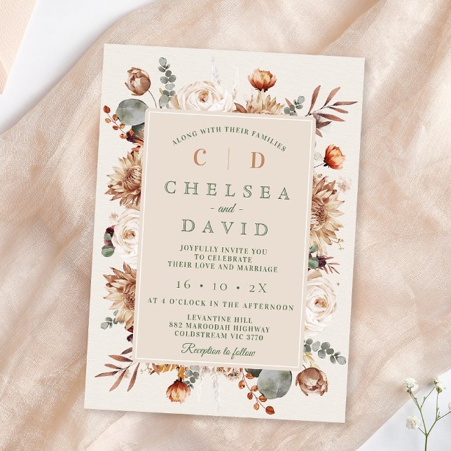 Rustic Brown Beige Monogram Floral Wedding  Invitation (Rustic Floral Wedding Invitation Template, Fall Floral Wedding Invite, Brown Cream Floral Wedding)