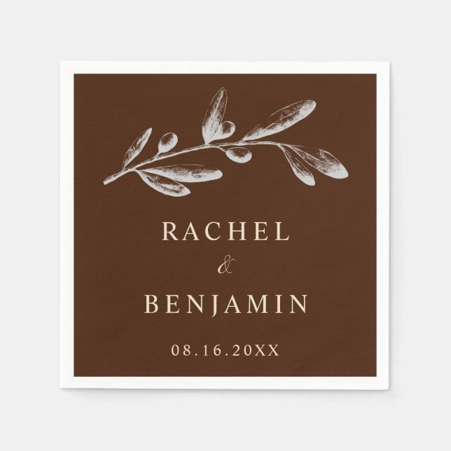Rustic Brown Botanical Elegant Names Date Wedding Napkins (Front)