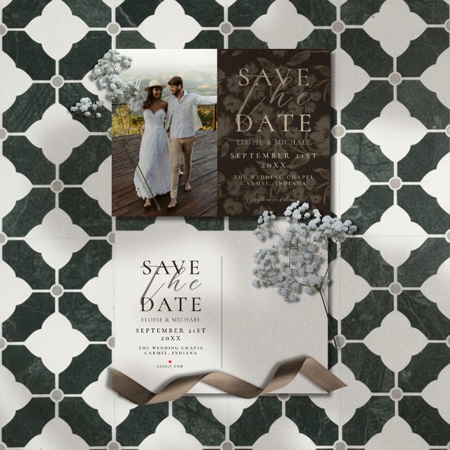 Rustic Brown Botanical Pattern Photo Wedding Announcement Postcard (Announce your big day in a sophisticated style with this Rustic Brown Botanical Pattern Photo Card!)