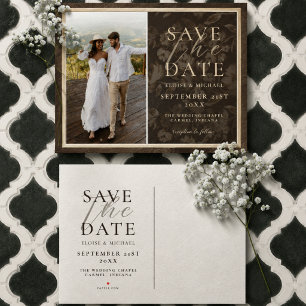 Rustic Brown Botanical Pattern Photo Wedding Announcement Postcard