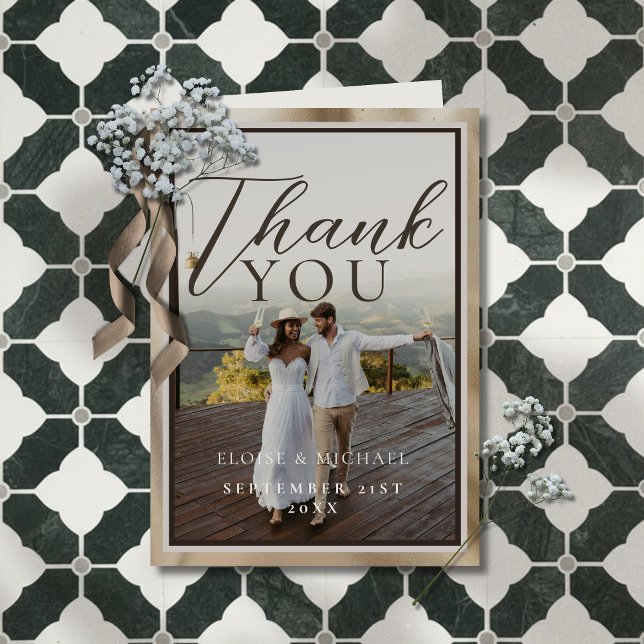 Rustic Brown Botanical Pattern Photo Wedding Thank You Card (Thank your guests for celebrating your big day with this Rustic Brown Photo Folded Thank You Card!)