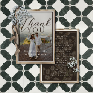 Rustic Brown Botanical Pattern Photo Wedding Thank You Card