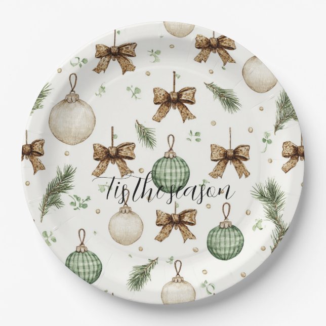 Rustic Brown Bows Cream Green Christmas   Paper Plates (Front)