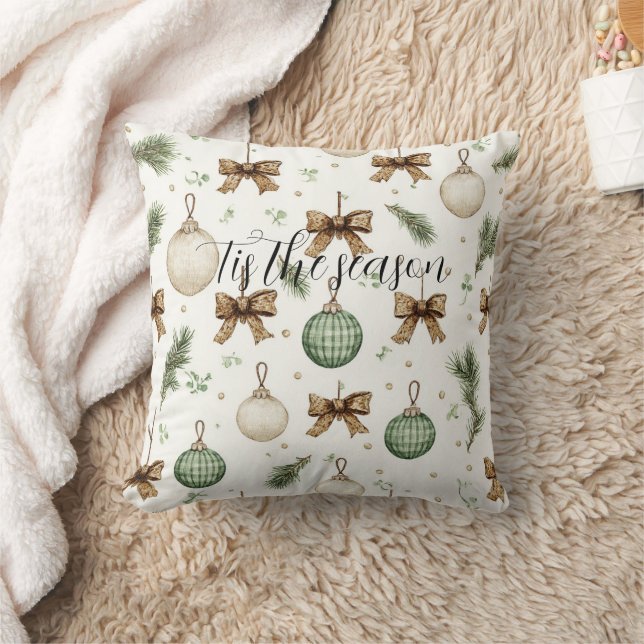 Rustic Brown Bows Cream Green Christmas   Throw Pillow (Blanket)