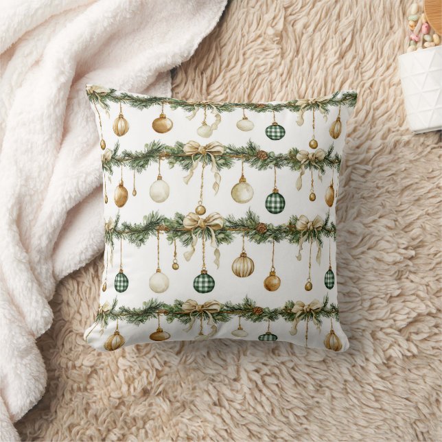 Rustic Brown Bows Cream Green Christmas   Throw Pillow (Blanket)