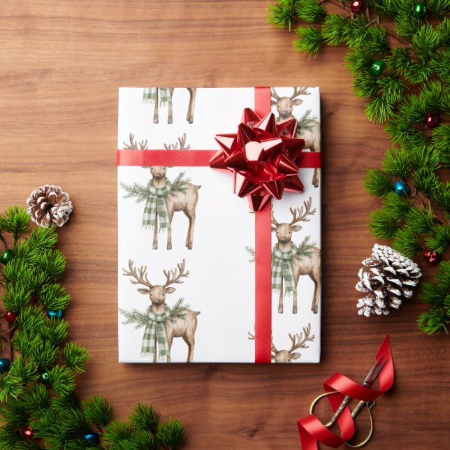Rustic Brown Bows Cream Green Christmas Trees Deer Wrapping Paper (Holiday Gift)