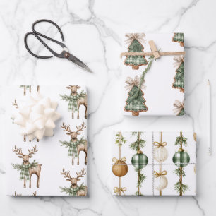 Rustic Brown Bows Cream Green Christmas Trees Deer Wrapping Paper Sheets