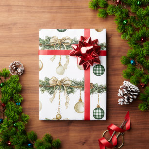 Rustic Brown Bows Cream Green Christmas Wrapping Paper