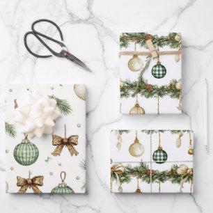 Rustic Brown Bows Cream Green Christmas Wrapping Paper Sheets