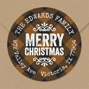 Rustic Brown Buffalo Check Holiday Return Address Classic Round Sticker