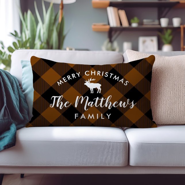 Rustic Brown Buffalo Check Reindeer Monogram Lumbar Pillow (Creator Uploaded)