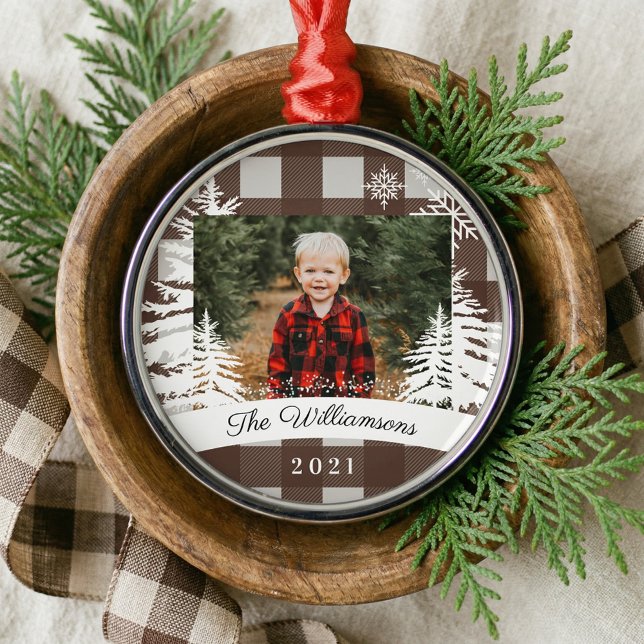 Rustic Brown Buffalo Plaid Family Photo Keepsake Metal Ornament (Rustic Brown Buffalo Plaid Family Photo Keepsake Metal Ornament)