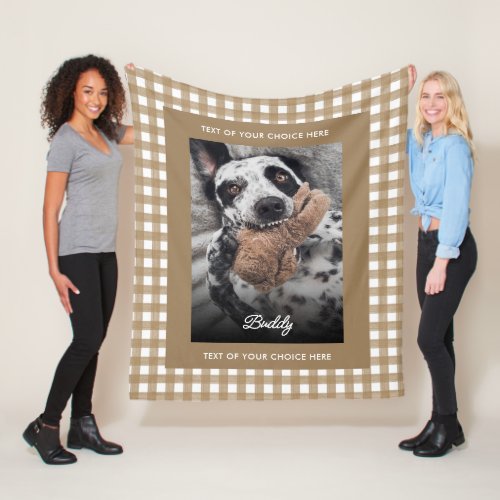 Rustic Brown Buffalo Plaid Photo  Custom Text Pet Fleece Blanket