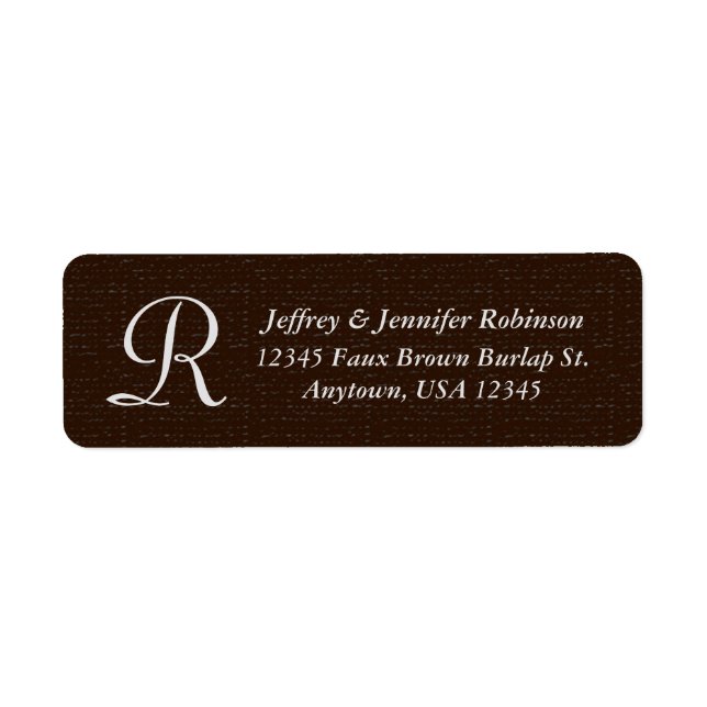 Rustic Brown Burlap Name and Address Monogram Label (Front)