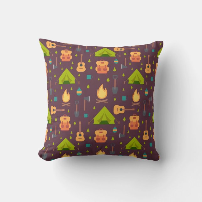 Rustic Brown Camping Pattern Tents and Guitars Throw Pillow (Front)