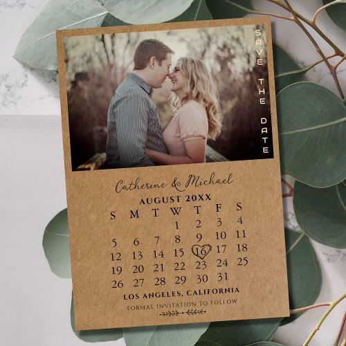 Rustic Brown Cardboard Simple Photo Date Calendar Save The Date