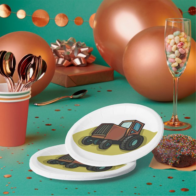 Rustic Brown Cartoon Tractor Farm Vehicle Paper Plates (Creator Uploaded)