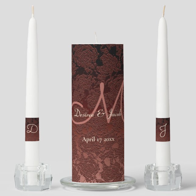 Rustic Brown Champagne Elegant Wedding Monogram Unity Candle Set (Front)