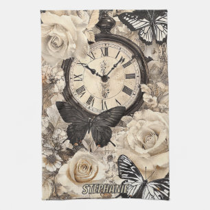 Rustic Brown Compass Butterfly Botanical Kitchen Towel