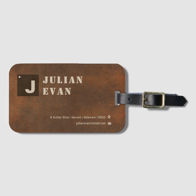 Rustic Brown Copper Monogram Bold Typography Luggage Tag (Front Horizontal)