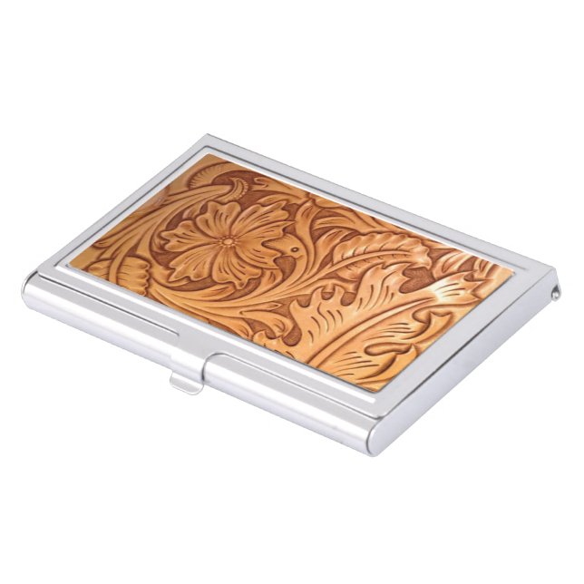 Rustic brown cowboy fashion western leather business card case (Front)