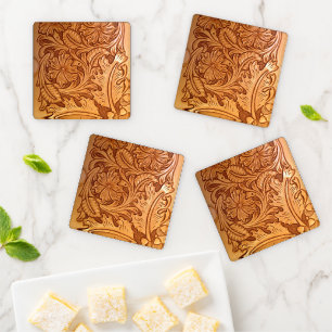 Rustic brown cowboy fashion western leather coaster set