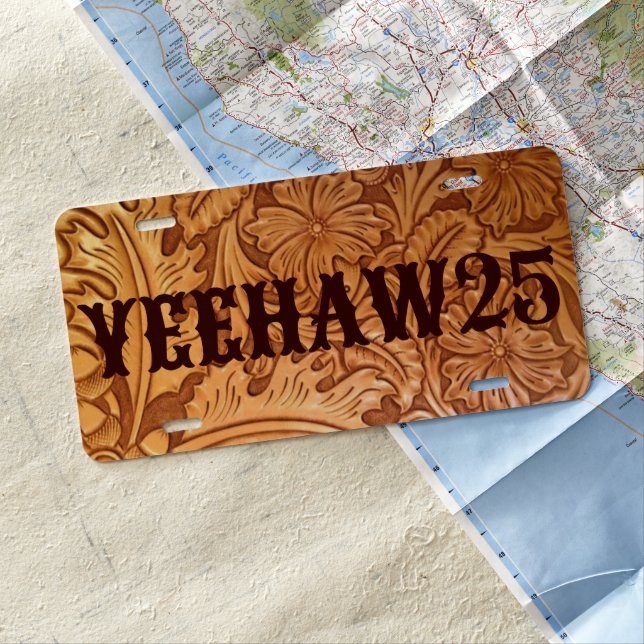 Rustic brown cowboy fashion western leather license plate (In Situ)
