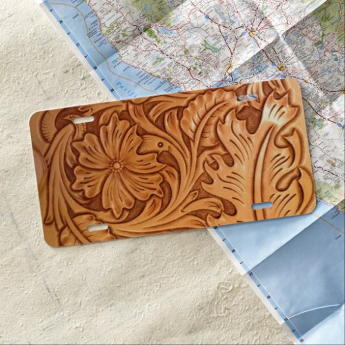 Rustic brown cowboy fashion western leather license plate