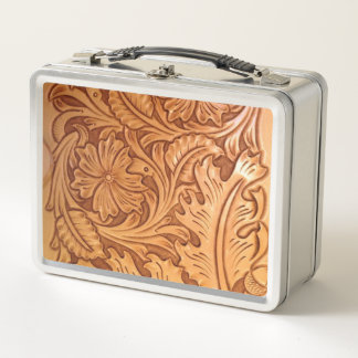Rustic brown cowboy fashion western leather metal lunch box
