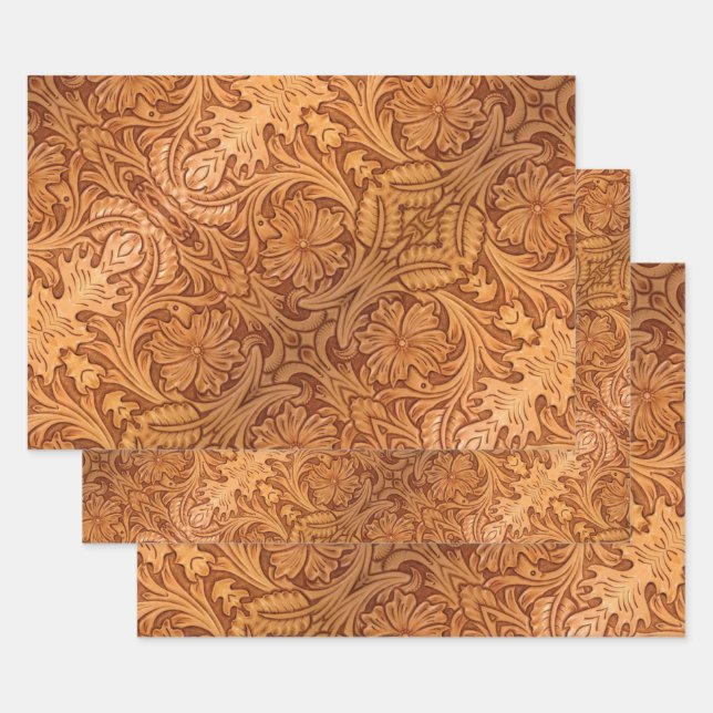 Rustic brown cowboy fashion western leather wrapping paper sheets (Set)