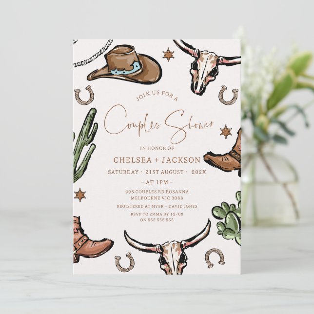 Rustic Brown Cowboy Western Couple Shower Bridal Invitation (Standing Front)