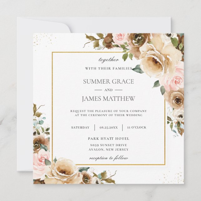 Rustic Brown Cream Blush Floral Greenery Invitatio Invitation (Front)