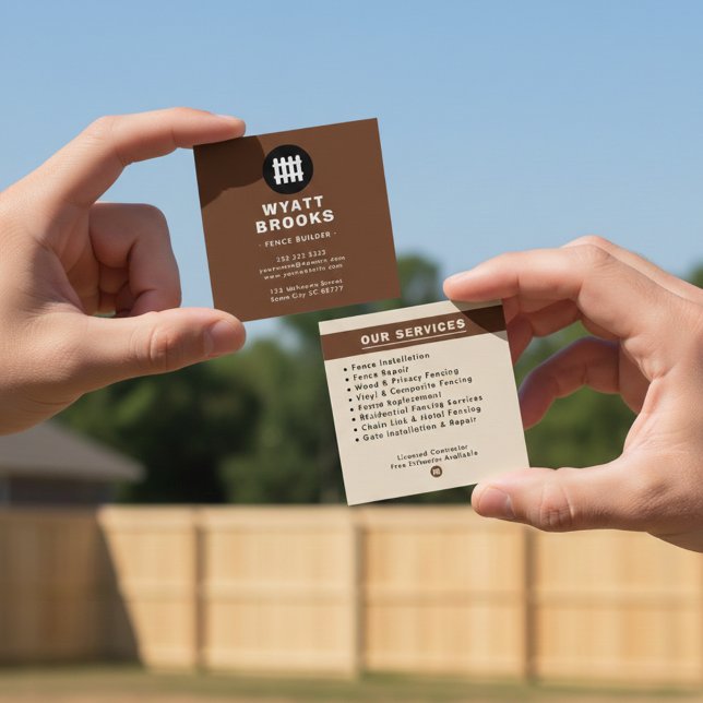 Rustic Brown & Cream Fence Builder Square Business Card (Creator Uploaded)