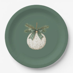 Rustic Brown Cream Green Ornament Christmas Paper Plates