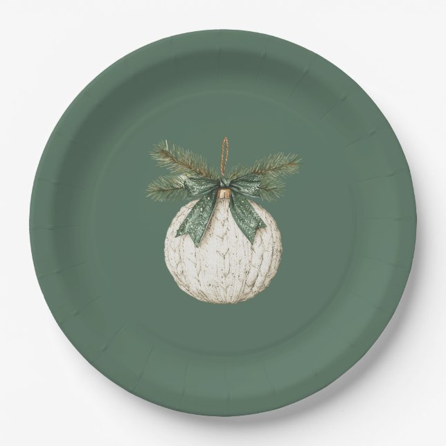 Rustic Brown Cream Green Ornament Christmas   Paper Plates (Front)
