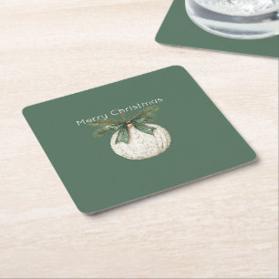 Rustic Brown Cream Green Ornament Christmas Square Paper Coaster