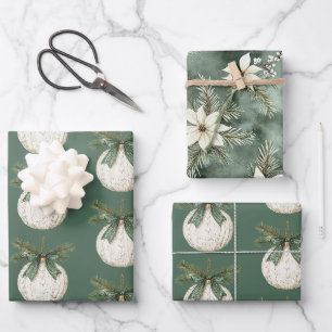 Rustic Brown Cream Green Ornament Christmas Wrapping Paper Sheets