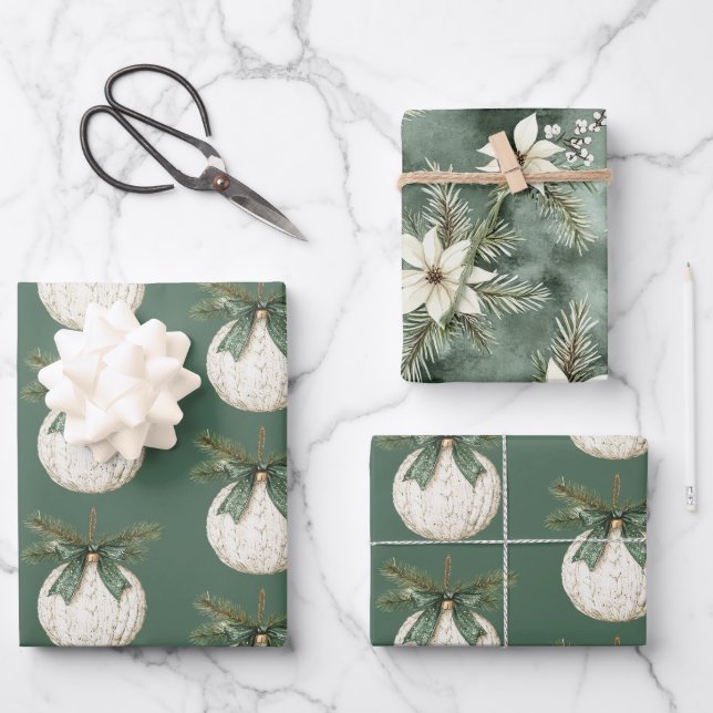 Rustic Brown Cream Green Ornament Christmas   Wrapping Paper Sheets (Front)
