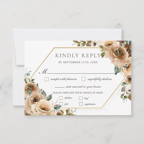 Rustic Brown Cream Roses Fall Floral Wedding Meal RSVP Card