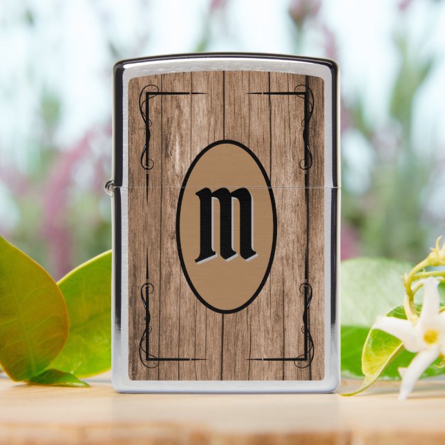 Rustic Brown Custom Monogrammed Stylish Zippo Lighter (On Table)